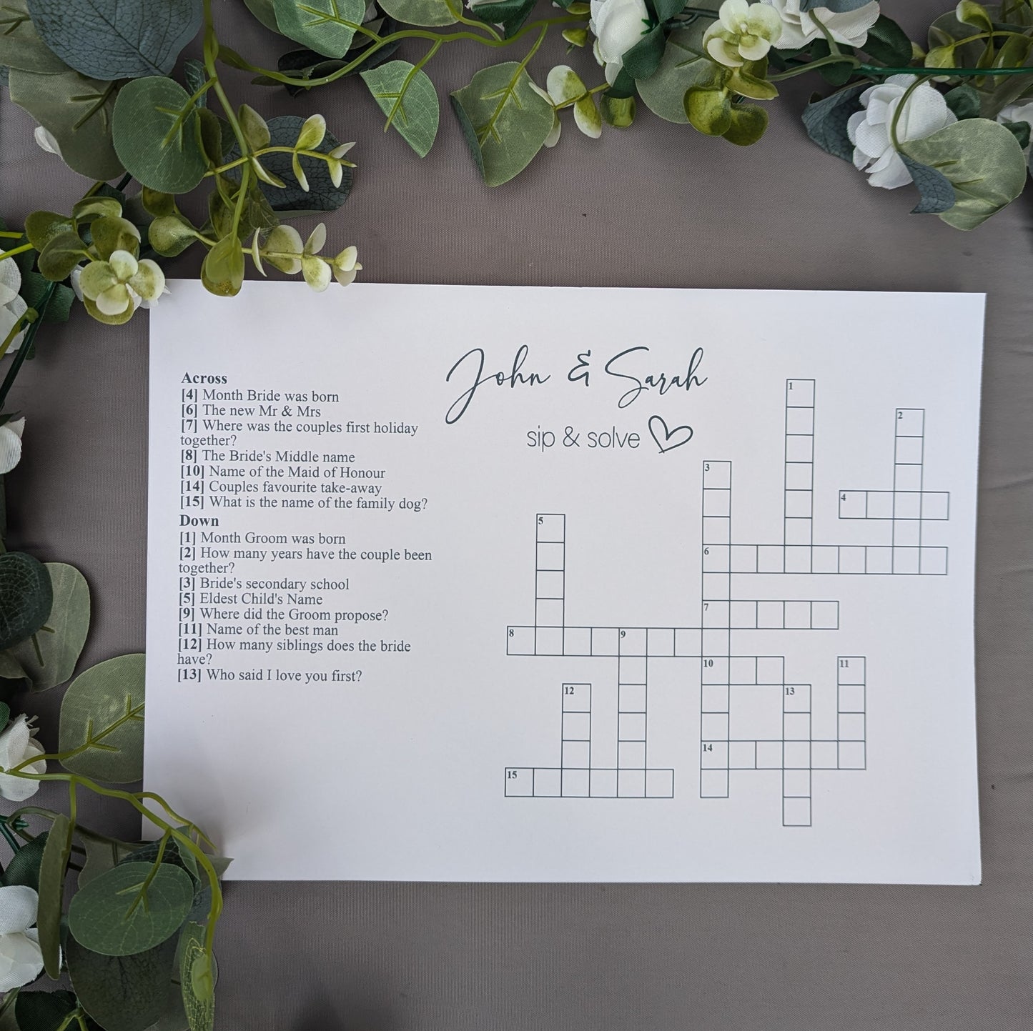 Sip and Solve personalised crossword | wedding | birthday